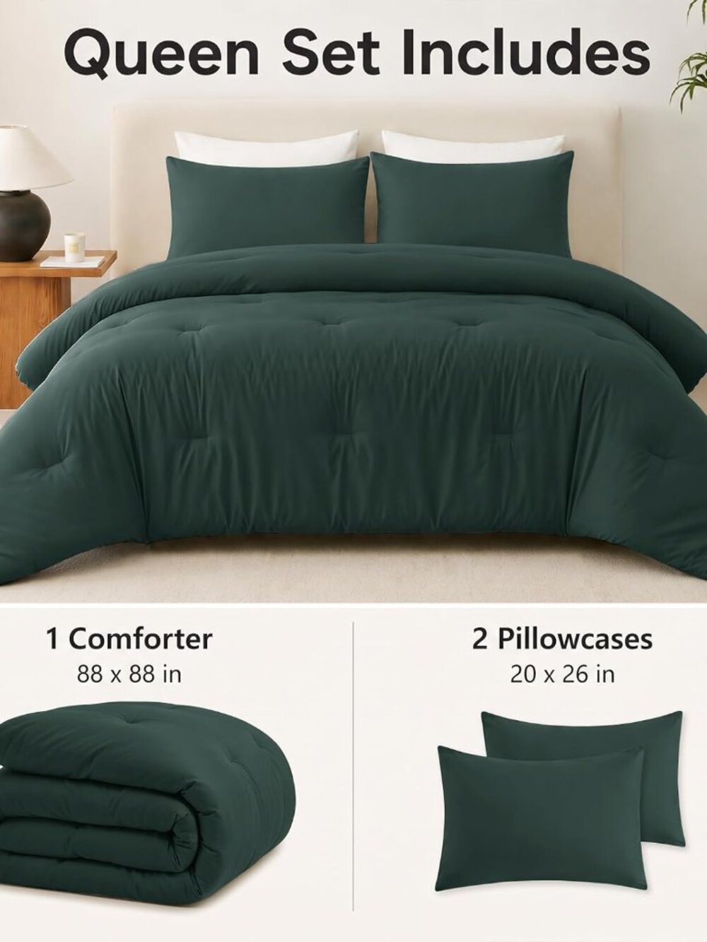 Queen Comforter Set, 3 Pieces Down Alternative Bedding Forest Green - Picture 2 of 9